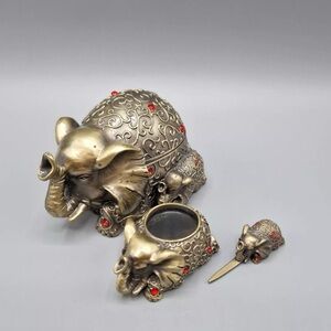 Vintage Jeweled Elephant Trinket Desk Set Paperweight Magnifier Letter Opener